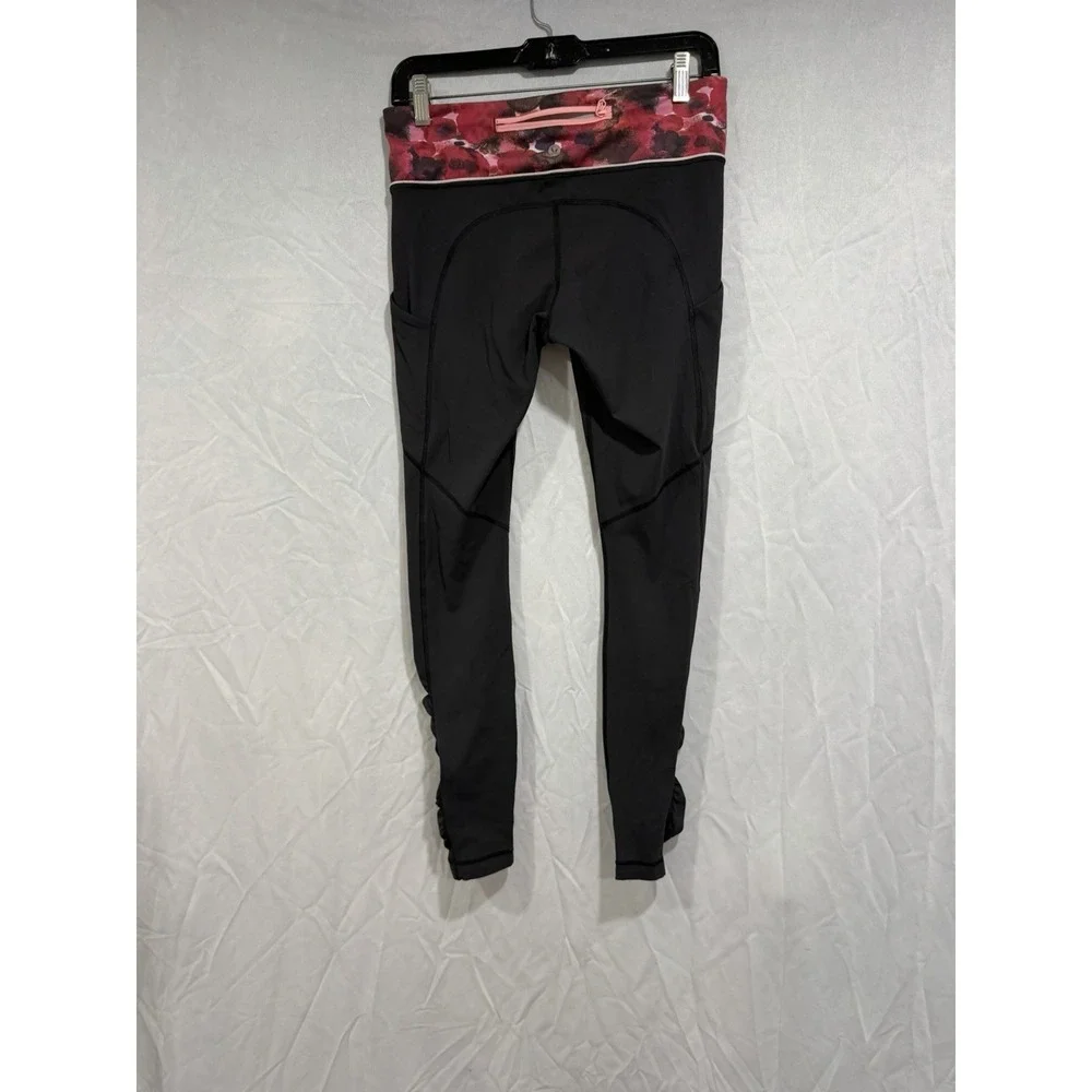 Lululemon Women Speed‎ Tight IV Ruched Athletic Legging Black Floral Size 6 Yoga